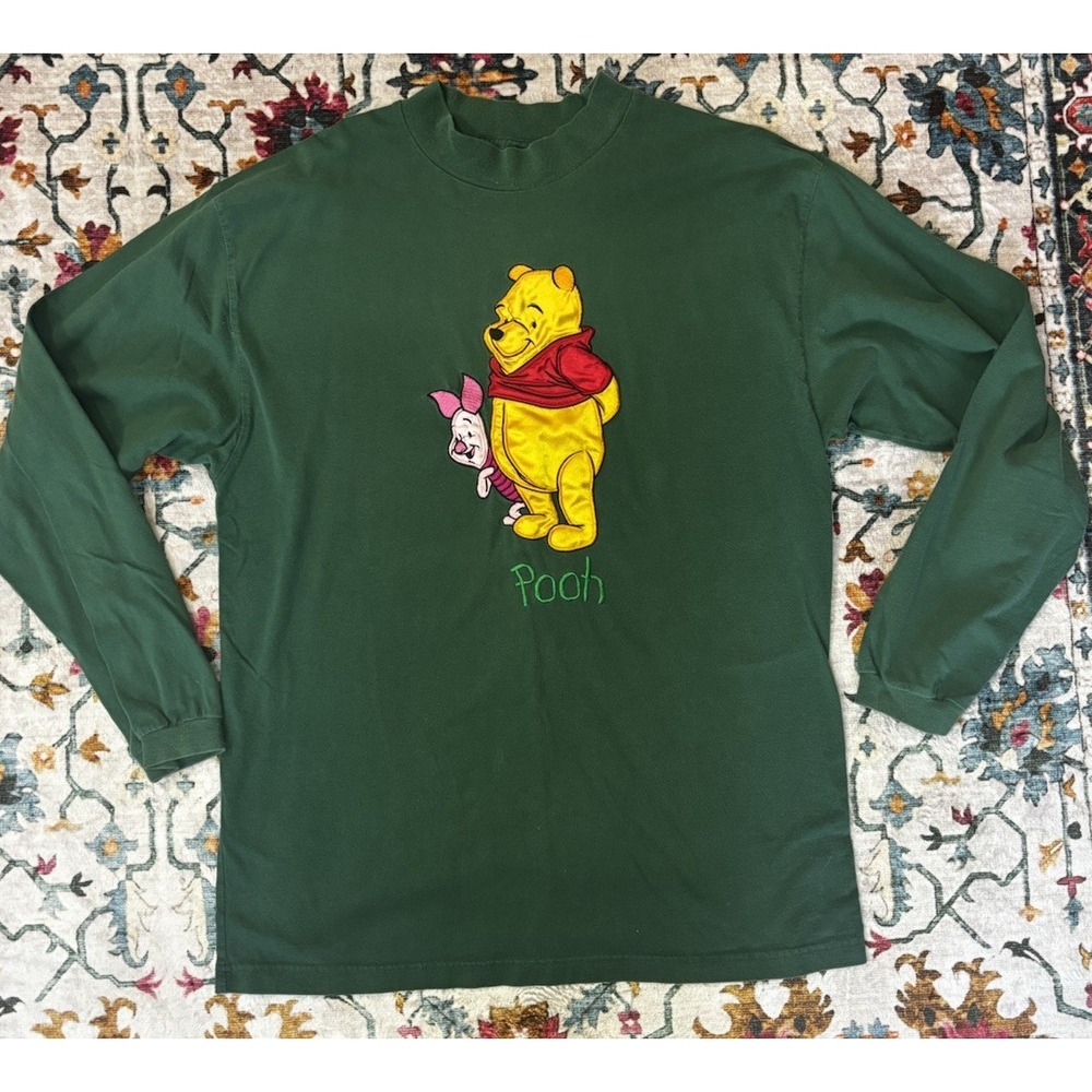Vintage Disney Winnie The Pooh Embroidered Long‎ Sleeve Shirt Green - Large